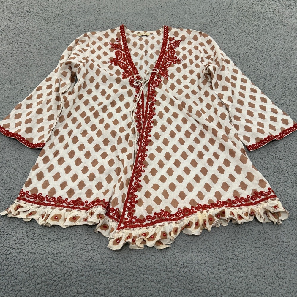 Sulu Embroidered Beaded Tunic Top Womens Large Brown Red Boho Ruffle Tie Front